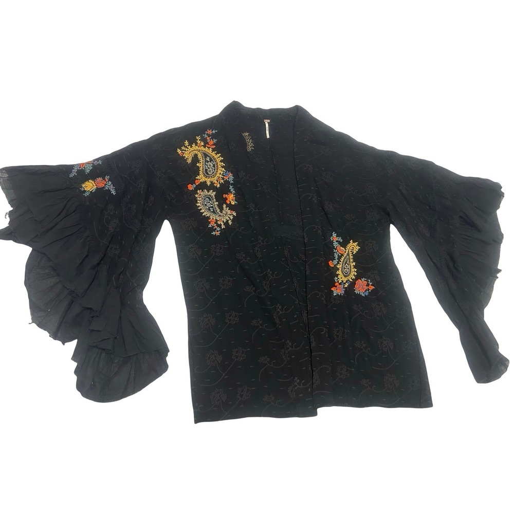 Free People Embroidered Paisley Kimono Cardigan Ruffle Bell Sleeve Black XS/S - Picture 2 of 9